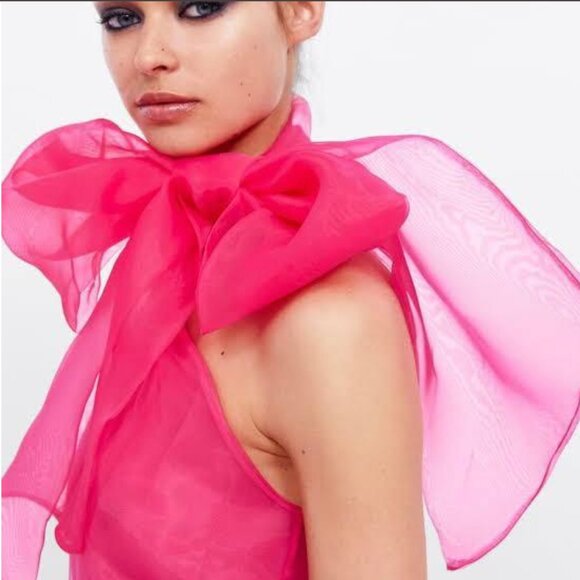 ZARA Tops - Zara Bright Pink Oversized Bow Organza Shirt Size S NEW WITH TAG!
